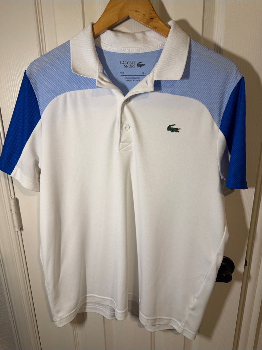 Lacoste White Polo with Light Blue Yoke and Royal Blue Sleeves